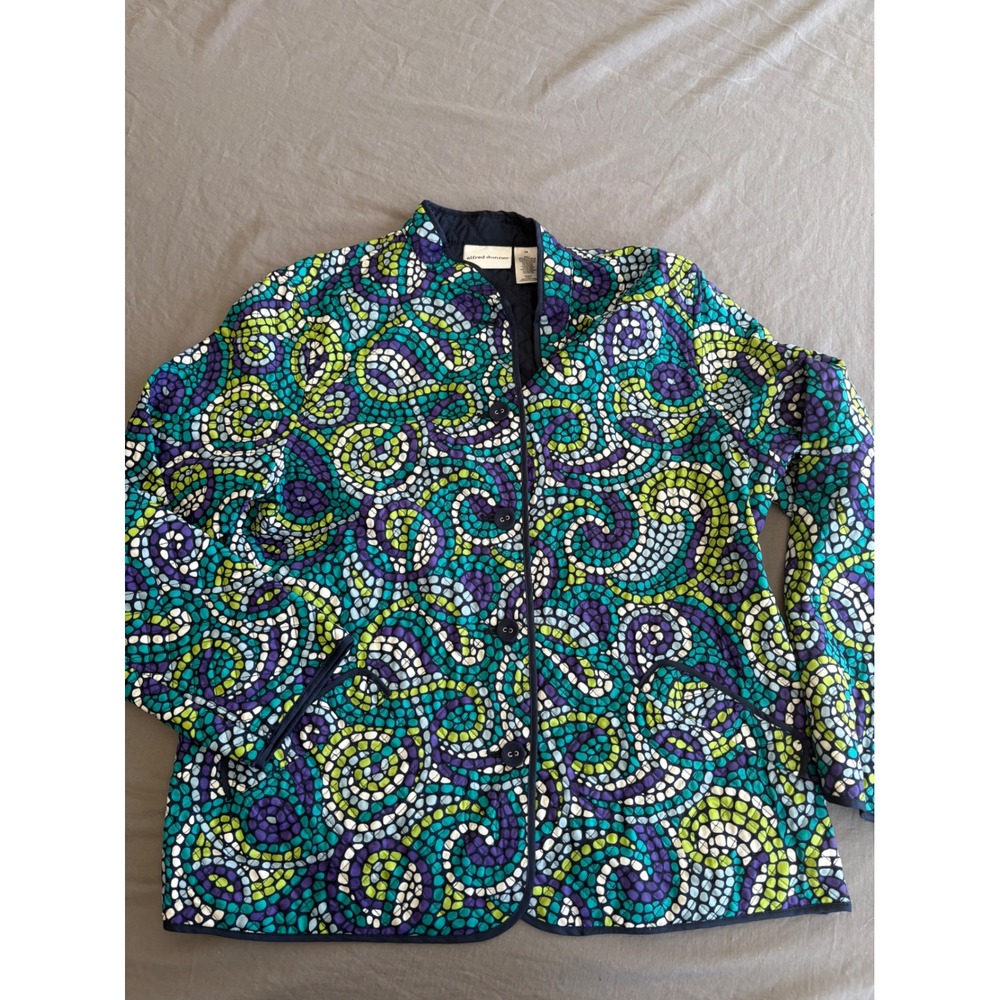 Alfred Dunner Womens Quilted Mosaic Swirl Jacket Blue Green Purple Size 14
